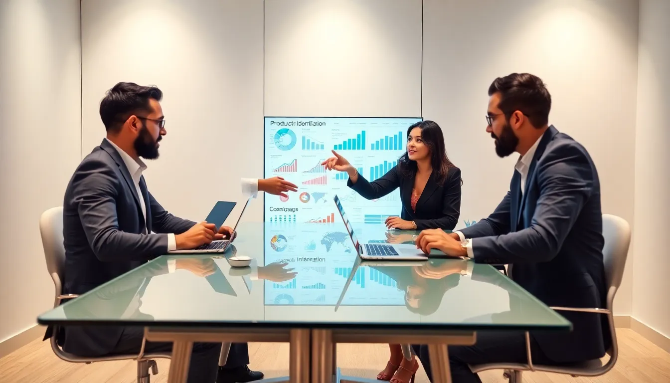 team analyzing product data in a modern conference room.